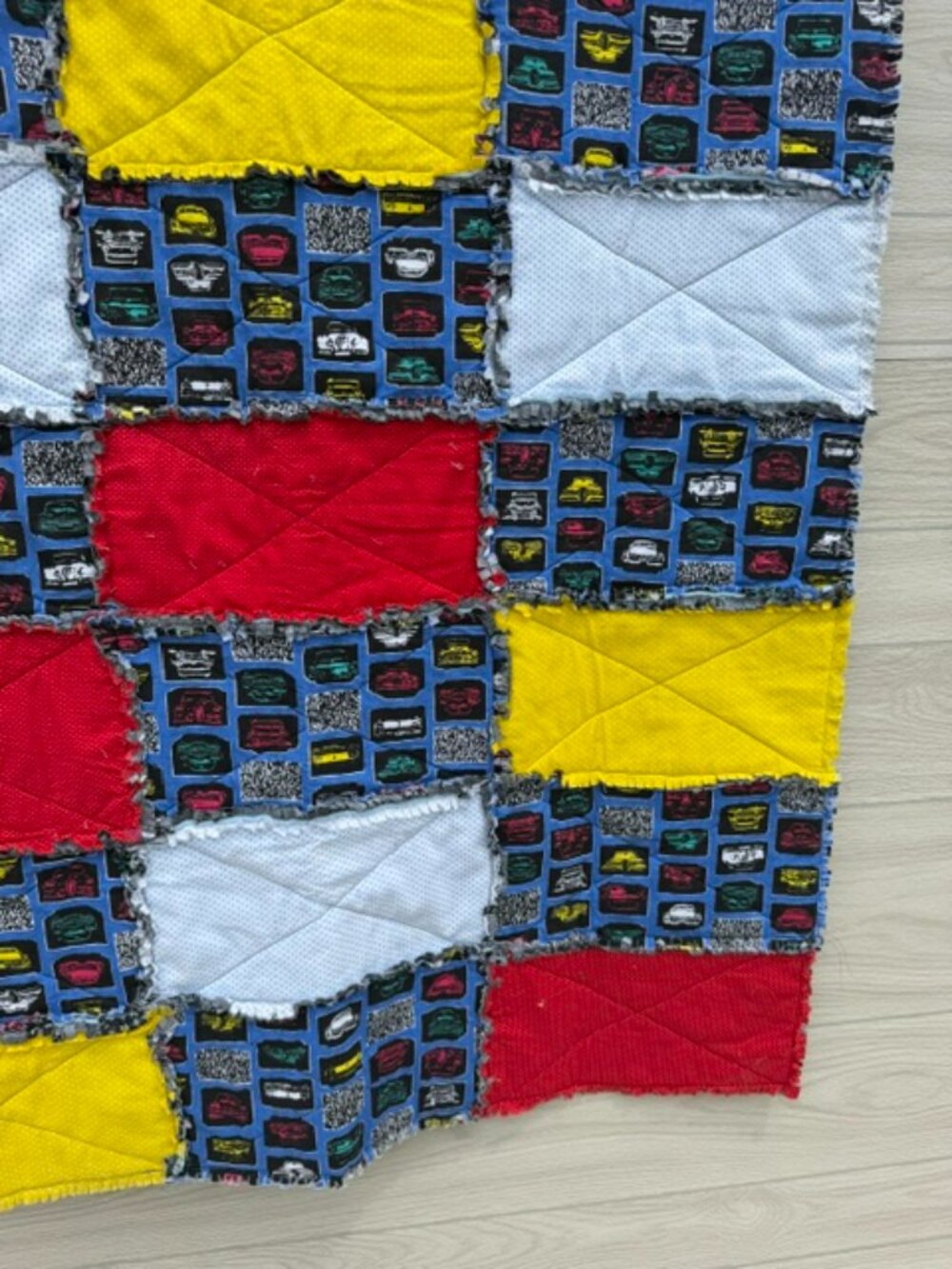 Homemade Small Blue, Red, Yellow & White Rag Quilt/Baby Blanket - Picture 3 of 9